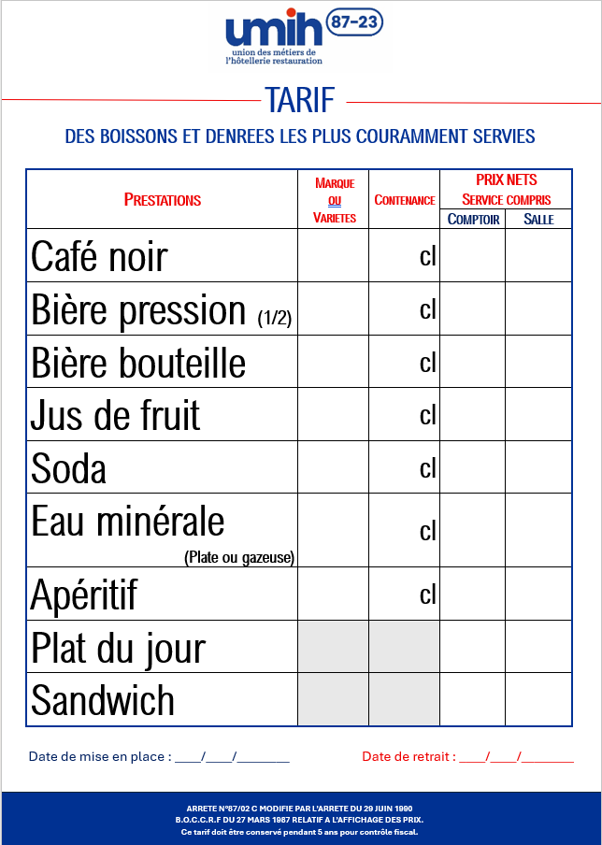 Tarif Extérieur A3 